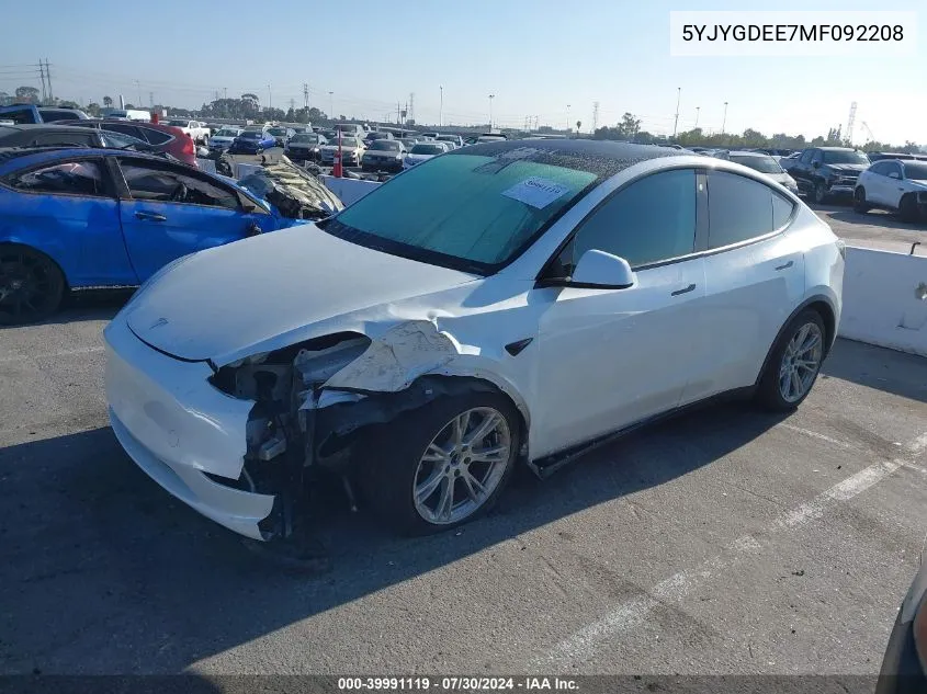 2021 Tesla Model Y Long Range Dual Motor All-Wheel Drive VIN: 5YJYGDEE7MF092208 Lot: 39991119