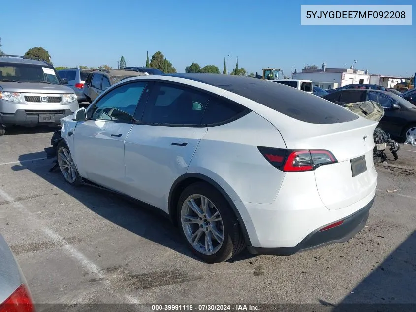 2021 Tesla Model Y Long Range Dual Motor All-Wheel Drive VIN: 5YJYGDEE7MF092208 Lot: 39991119