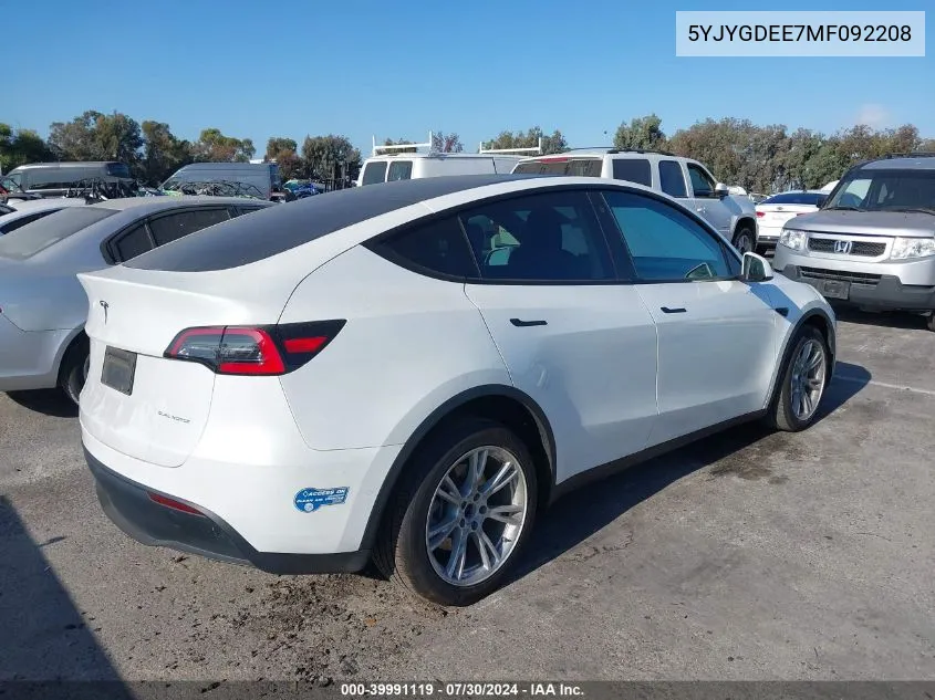 2021 Tesla Model Y Long Range Dual Motor All-Wheel Drive VIN: 5YJYGDEE7MF092208 Lot: 39991119