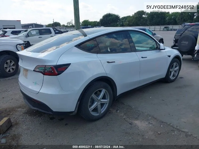 2021 Tesla Model Y Long Range Dual Motor All-Wheel Drive VIN: 5YJYGDEE3MF248552 Lot: 40002211