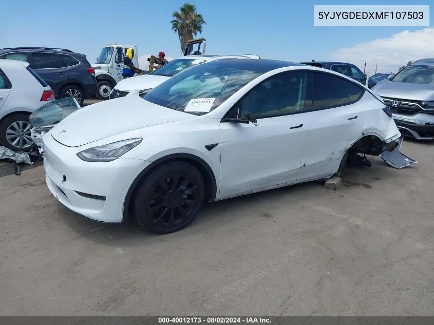 2021 Tesla Model Y Standard Range Rear-Wheel Drive VIN: 5YJYGDEDXMF107503 Lot: 40012173