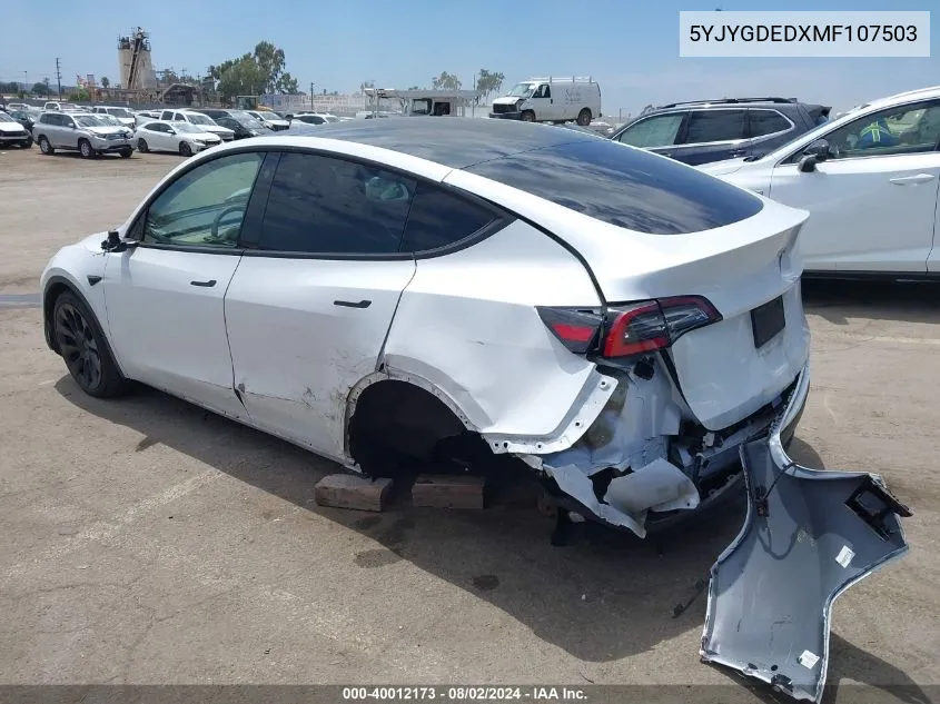 2021 Tesla Model Y Standard Range Rear-Wheel Drive VIN: 5YJYGDEDXMF107503 Lot: 40012173