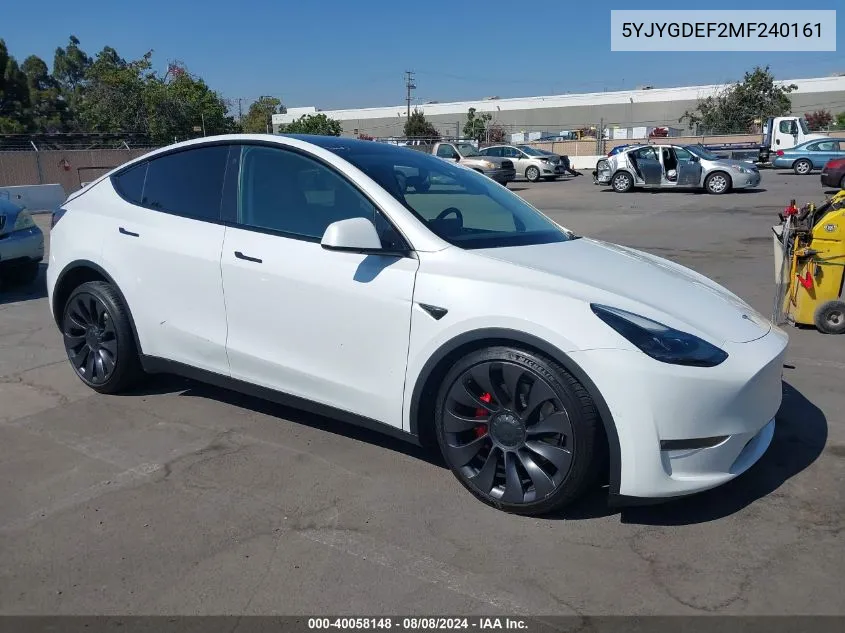 2021 Tesla Model Y Performance Dual Motor All-Wheel Drive VIN: 5YJYGDEF2MF240161 Lot: 40058148