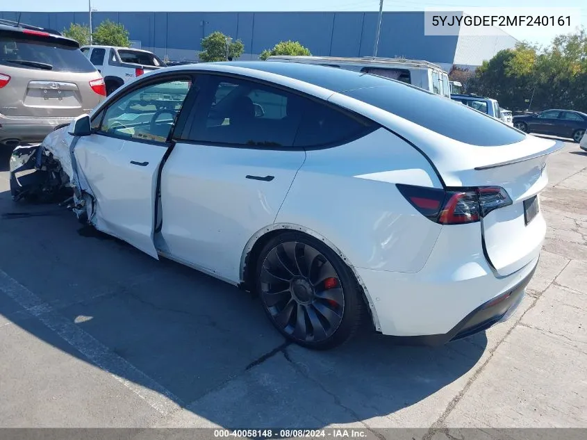 2021 Tesla Model Y Performance Dual Motor All-Wheel Drive VIN: 5YJYGDEF2MF240161 Lot: 40058148