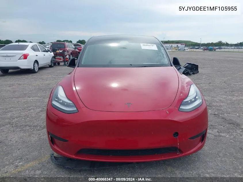 2021 Tesla Model Y Long Range Dual Motor All-Wheel Drive VIN: 5YJYGDEE1MF105955 Lot: 40068347