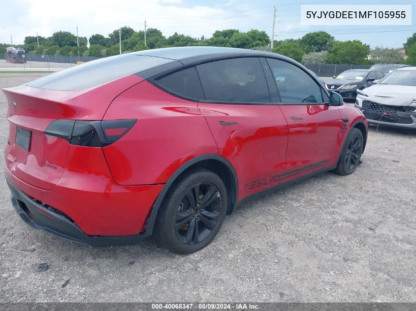 2021 Tesla Model Y Long Range Dual Motor All-Wheel Drive VIN: 5YJYGDEE1MF105955 Lot: 40068347