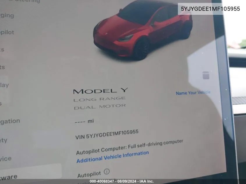 2021 Tesla Model Y Long Range Dual Motor All-Wheel Drive VIN: 5YJYGDEE1MF105955 Lot: 40068347