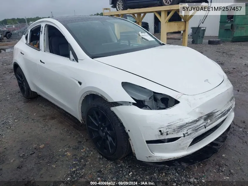 2021 Tesla Model Y VIN: 5YJYGAEE1MF257457 Lot: 40069432