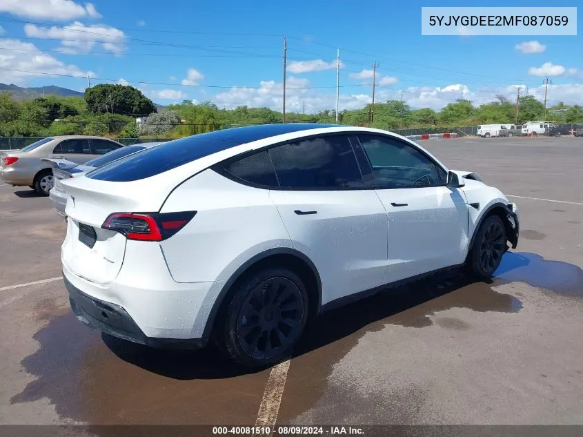 2021 Tesla Model Y Long Range Dual Motor All-Wheel Drive VIN: 5YJYGDEE2MF087059 Lot: 40081510