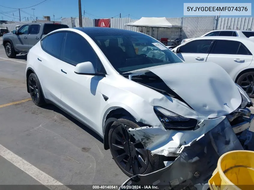 2021 Tesla Model Y Long Range Dual Motor All-Wheel Drive VIN: 5YJYGDEE4MF074376 Lot: 40140541