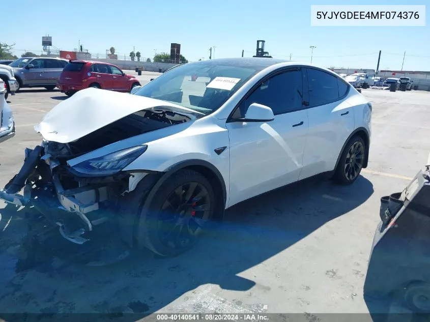 2021 Tesla Model Y Long Range Dual Motor All-Wheel Drive VIN: 5YJYGDEE4MF074376 Lot: 40140541