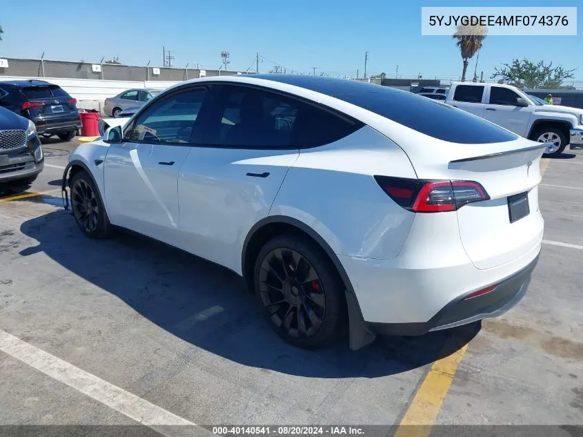 2021 Tesla Model Y Long Range Dual Motor All-Wheel Drive VIN: 5YJYGDEE4MF074376 Lot: 40140541