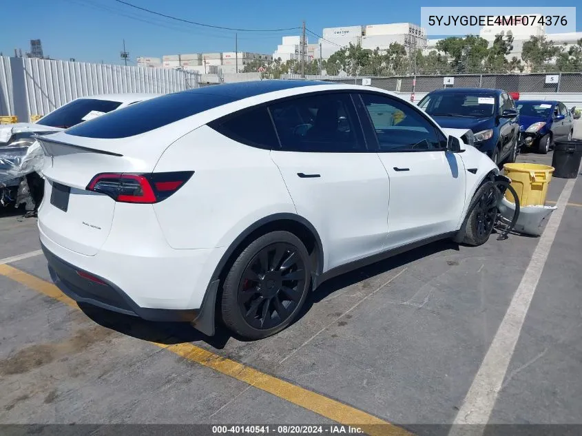 2021 Tesla Model Y Long Range Dual Motor All-Wheel Drive VIN: 5YJYGDEE4MF074376 Lot: 40140541