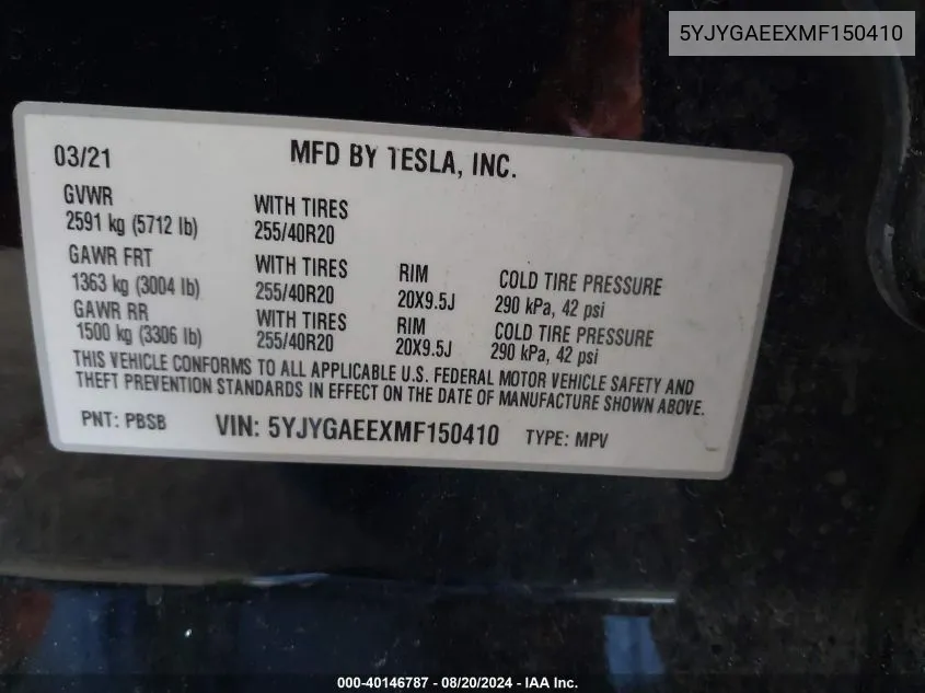 5YJYGAEEXMF150410 2021 Tesla Model Y