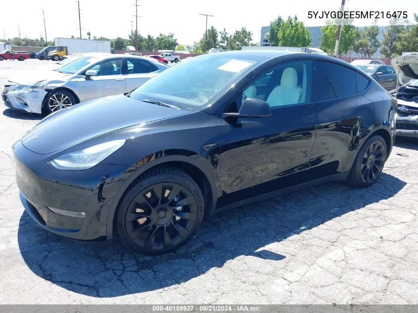 2021 Tesla Model Y VIN: 5YJYGDEE5MF216475 Lot: 40159937