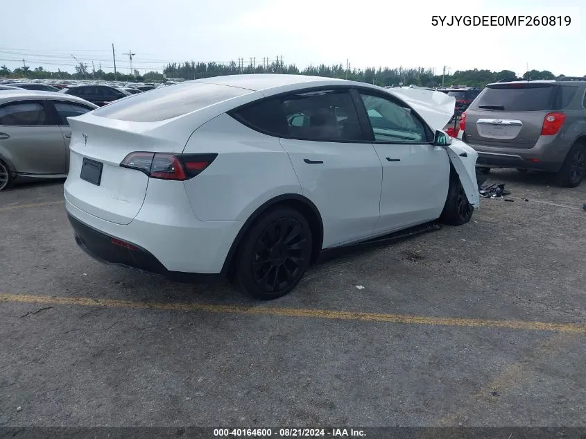 2021 Tesla Model Y VIN: 5YJYGDEE0MF260819 Lot: 40164600