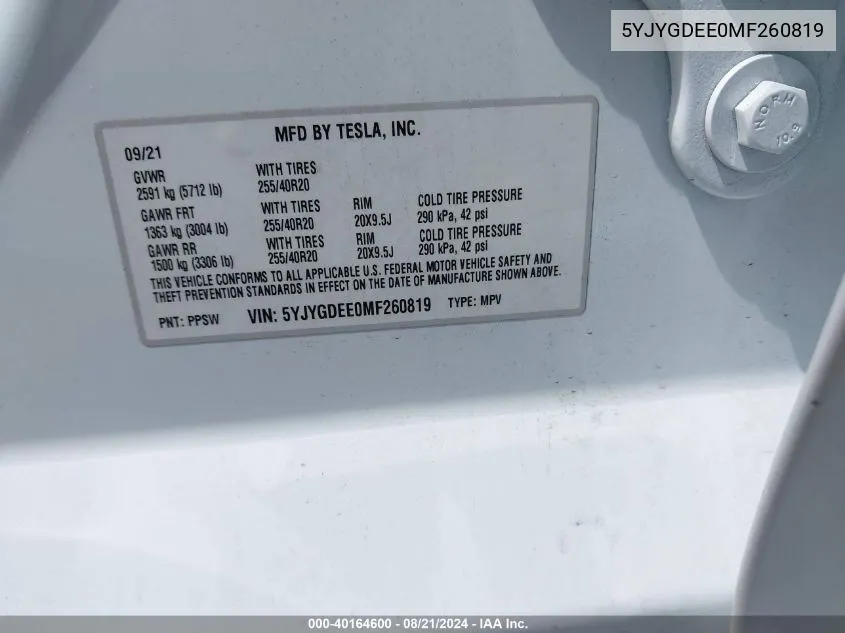 5YJYGDEE0MF260819 2021 Tesla Model Y