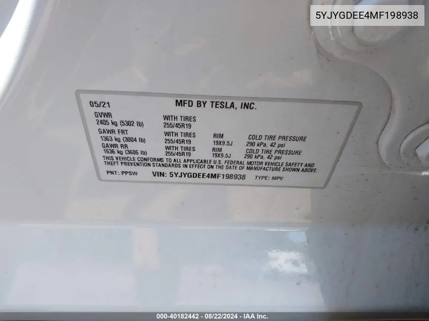 2021 Tesla Model Y Long Range Dual Motor All-Wheel Drive VIN: 5YJYGDEE4MF198938 Lot: 40182442