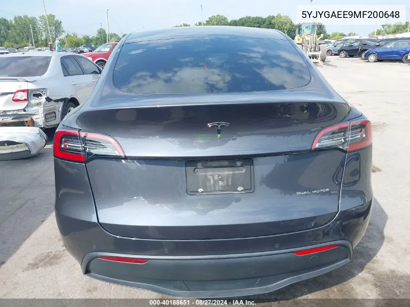 2021 Tesla Model Y Long Range Dual Motor All-Wheel Drive VIN: 5YJYGAEE9MF200648 Lot: 40188651