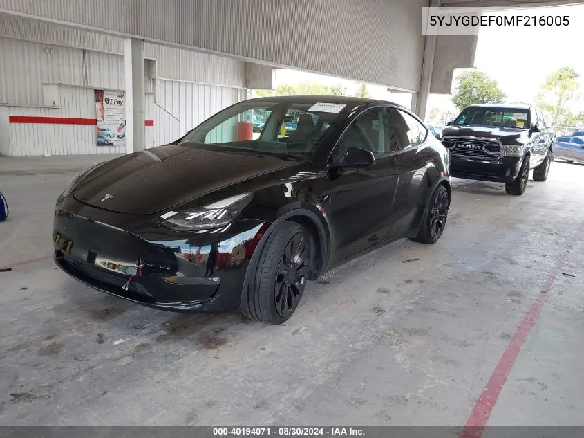 2021 Tesla Model Y Performance Dual Motor All-Wheel Drive VIN: 5YJYGDEF0MF216005 Lot: 40194071