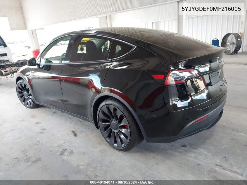 2021 Tesla Model Y Performance Dual Motor All-Wheel Drive VIN: 5YJYGDEF0MF216005 Lot: 40194071