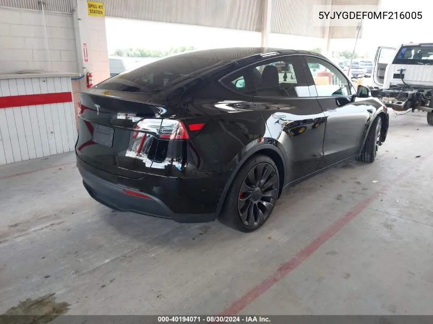 2021 Tesla Model Y Performance Dual Motor All-Wheel Drive VIN: 5YJYGDEF0MF216005 Lot: 40194071