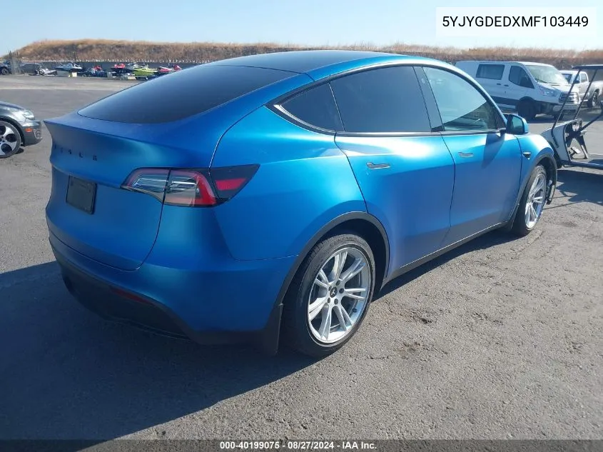 2021 Tesla Model Y Standard Range Rear-Wheel Drive VIN: 5YJYGDEDXMF103449 Lot: 40199075