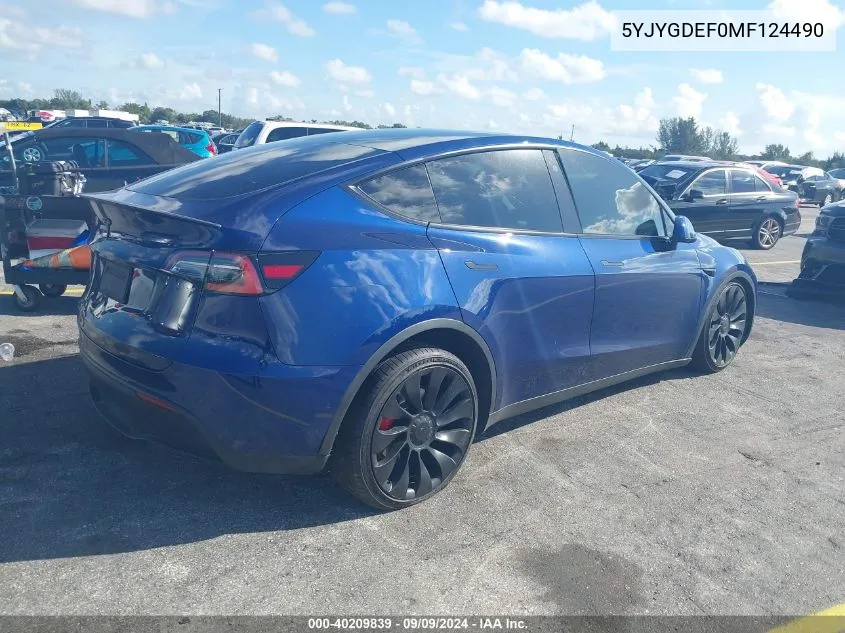 2021 Tesla Model Y Performance Dual Motor All-Wheel Drive VIN: 5YJYGDEF0MF124490 Lot: 40209839