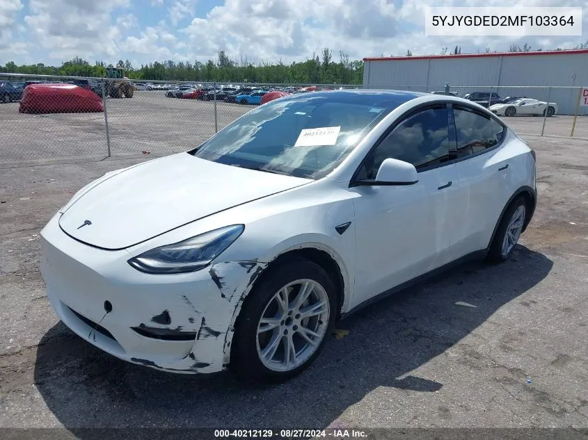 2021 Tesla Model Y Standard Range Rear-Wheel Drive VIN: 5YJYGDED2MF103364 Lot: 40212129