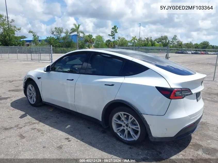 2021 Tesla Model Y Standard Range Rear-Wheel Drive VIN: 5YJYGDED2MF103364 Lot: 40212129