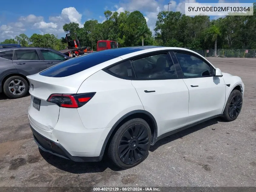 2021 Tesla Model Y Standard Range Rear-Wheel Drive VIN: 5YJYGDED2MF103364 Lot: 40212129