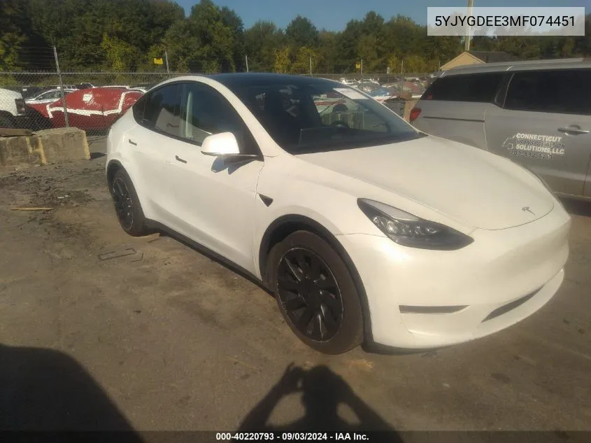 2021 Tesla Model Y Long Range Dual Motor All-Wheel Drive VIN: 5YJYGDEE3MF074451 Lot: 40220793