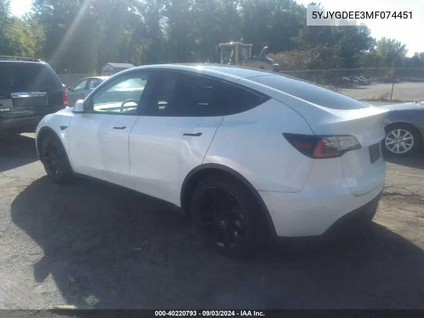 2021 Tesla Model Y Long Range Dual Motor All-Wheel Drive VIN: 5YJYGDEE3MF074451 Lot: 40220793