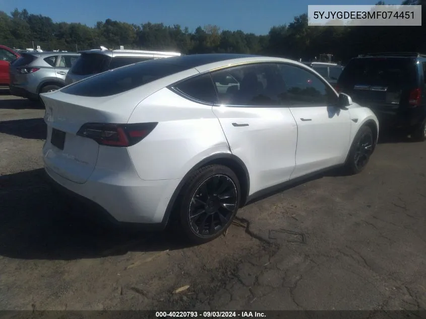 2021 Tesla Model Y Long Range Dual Motor All-Wheel Drive VIN: 5YJYGDEE3MF074451 Lot: 40220793