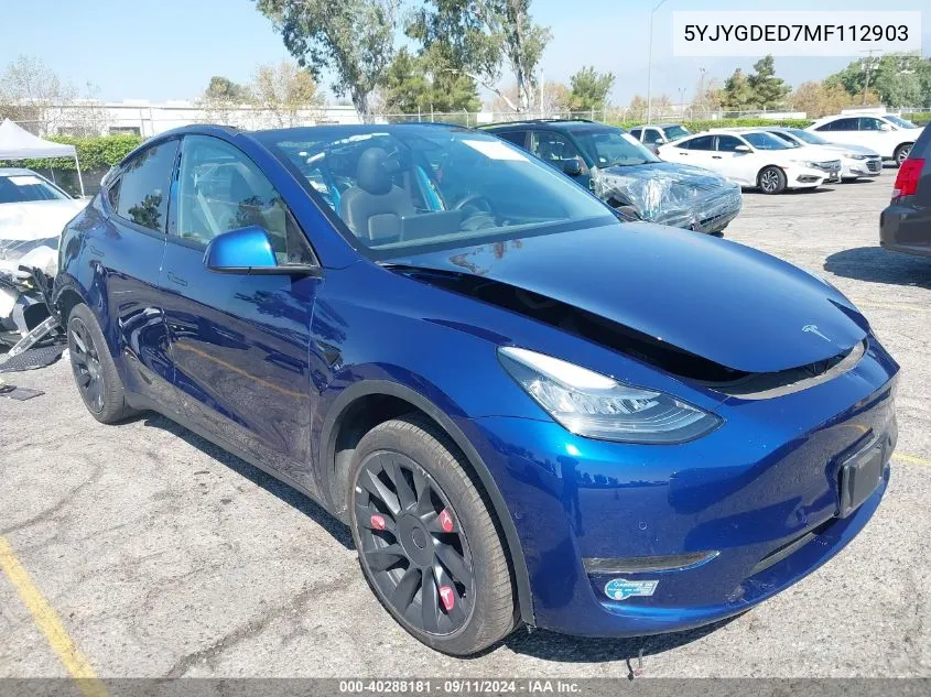 2021 Tesla Model Y Standard Range Rear-Wheel Drive VIN: 5YJYGDED7MF112903 Lot: 40288181