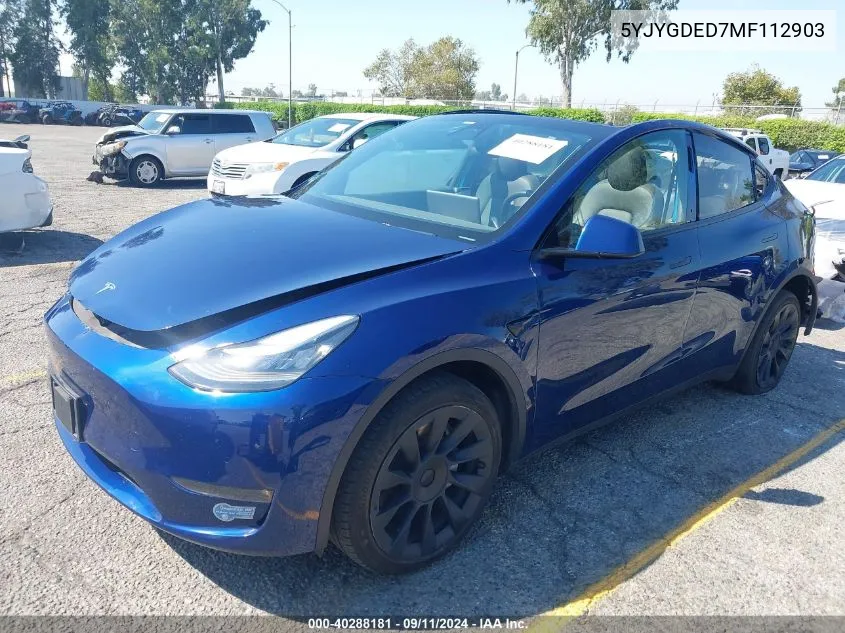 2021 Tesla Model Y Standard Range Rear-Wheel Drive VIN: 5YJYGDED7MF112903 Lot: 40288181