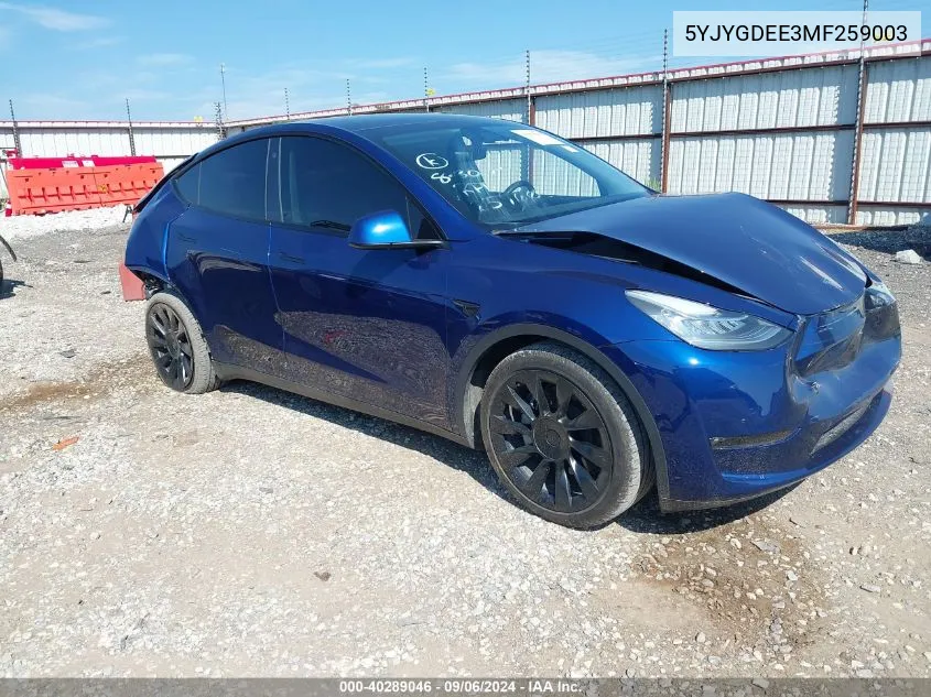 2021 Tesla Model Y Long Range Dual Motor All-Wheel Drive VIN: 5YJYGDEE3MF259003 Lot: 40289046