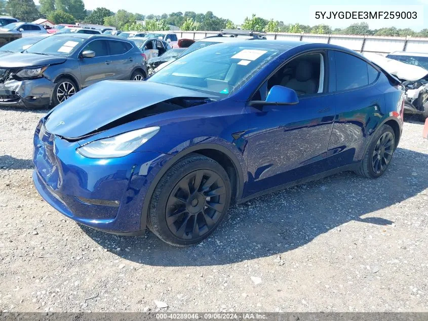 2021 Tesla Model Y Long Range Dual Motor All-Wheel Drive VIN: 5YJYGDEE3MF259003 Lot: 40289046