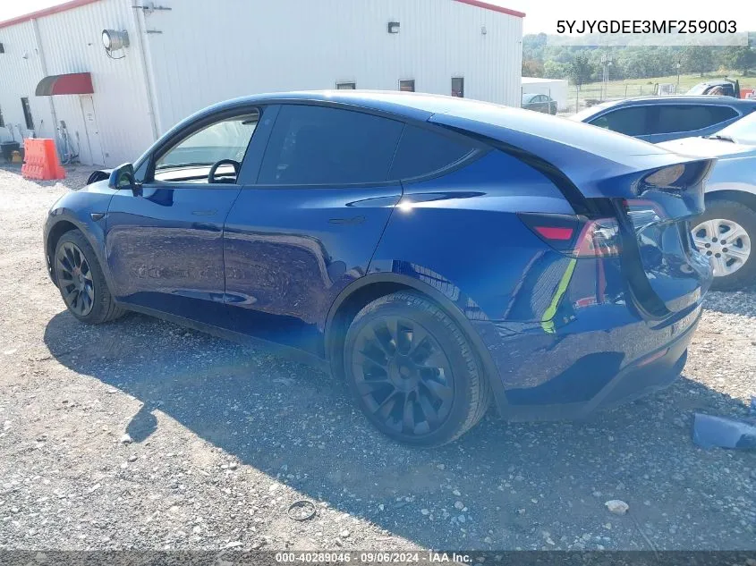 2021 Tesla Model Y Long Range Dual Motor All-Wheel Drive VIN: 5YJYGDEE3MF259003 Lot: 40289046