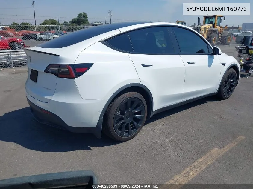 2021 Tesla Model Y Long Range Dual Motor All-Wheel Drive VIN: 5YJYGDEE6MF160773 Lot: 40298599