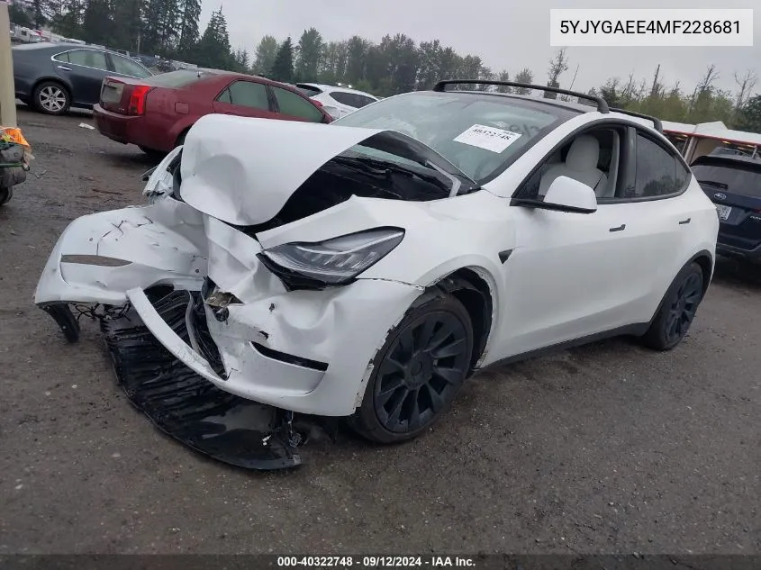 2021 Tesla Model Y Long Range Dual Motor All-Wheel Drive VIN: 5YJYGAEE4MF228681 Lot: 40322748