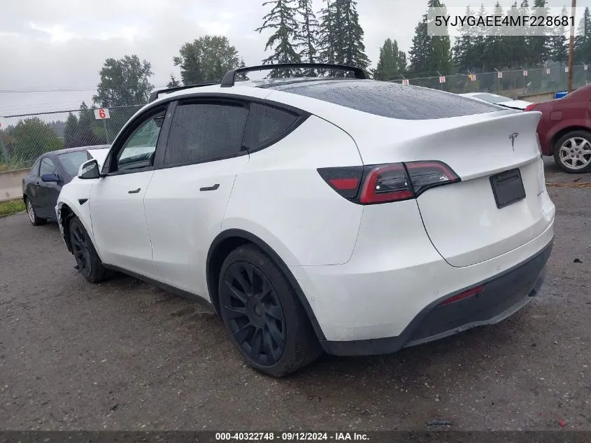 2021 Tesla Model Y Long Range Dual Motor All-Wheel Drive VIN: 5YJYGAEE4MF228681 Lot: 40322748