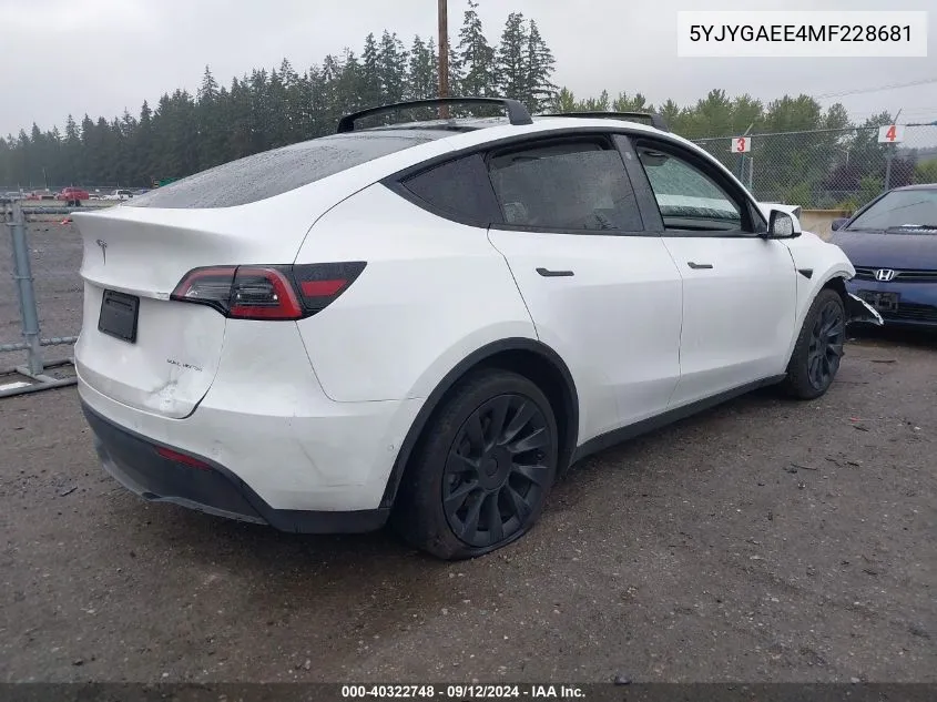 2021 Tesla Model Y Long Range Dual Motor All-Wheel Drive VIN: 5YJYGAEE4MF228681 Lot: 40322748