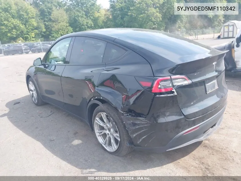 2021 Tesla Model Y Standard Range Rear-Wheel Drive VIN: 5YJYGDED5MF110342 Lot: 40329925