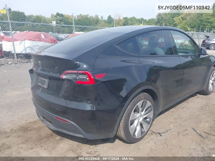 2021 Tesla Model Y Standard Range Rear-Wheel Drive VIN: 5YJYGDED5MF110342 Lot: 40329925