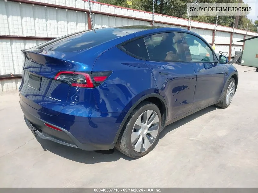 2021 Tesla Model Y Long Range Dual Motor All-Wheel Drive VIN: 5YJYGDEE3MF300505 Lot: 40337718