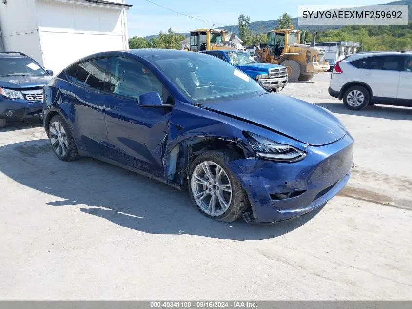 2021 Tesla Model Y Long Range Dual Motor All-Wheel Drive VIN: 5YJYGAEEXMF259692 Lot: 40341100