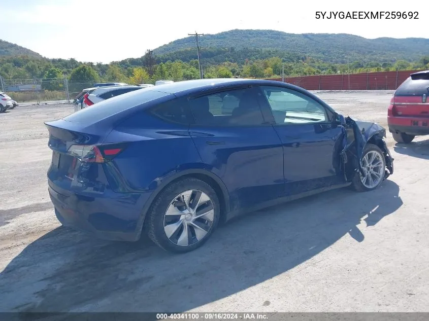 2021 Tesla Model Y Long Range Dual Motor All-Wheel Drive VIN: 5YJYGAEEXMF259692 Lot: 40341100