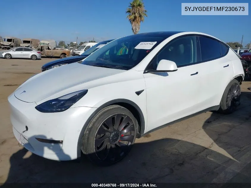 2021 Tesla Model Y Performance Dual Motor All-Wheel Drive VIN: 5YJYGDEF1MF230673 Lot: 40349768