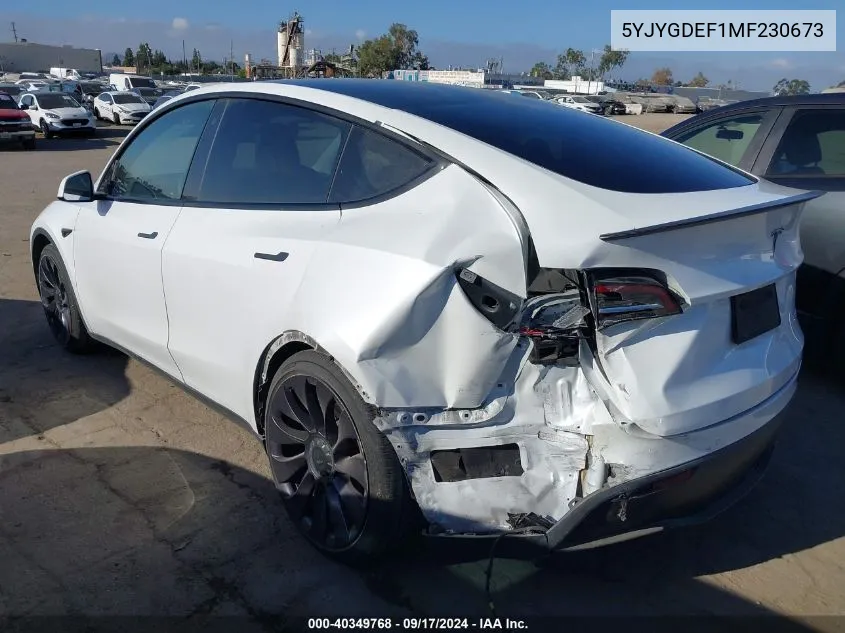 2021 Tesla Model Y Performance Dual Motor All-Wheel Drive VIN: 5YJYGDEF1MF230673 Lot: 40349768